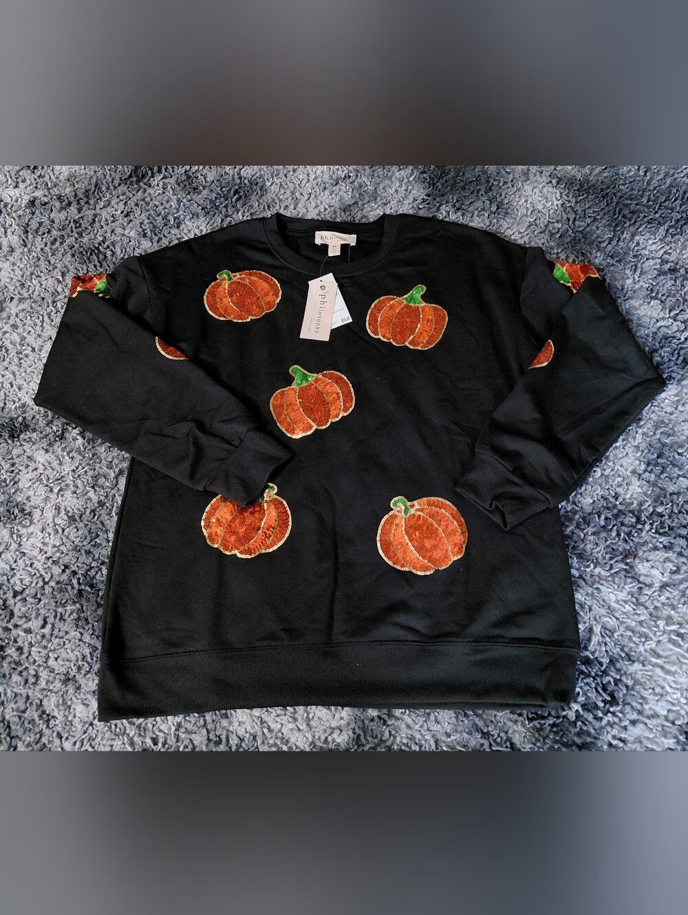 NWT Philosophy Republic Sequin Pumpkin Sweatshirt Medium Black Halloween Fall